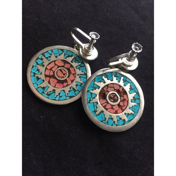 Vtg 1970's Turquoise & Coral Inlaid Earrings Double Circle Screw Back Sterling - Picture 4 of 6